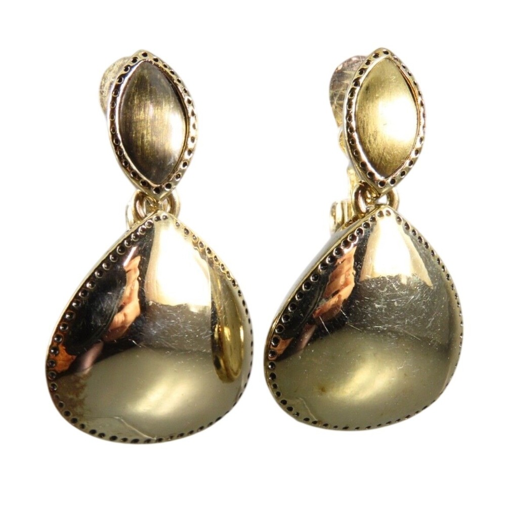Vintage MONET CLIP ON EARRINGS Gold Tone Tear Drop Dangles BRUSHED MARQUISE TOP